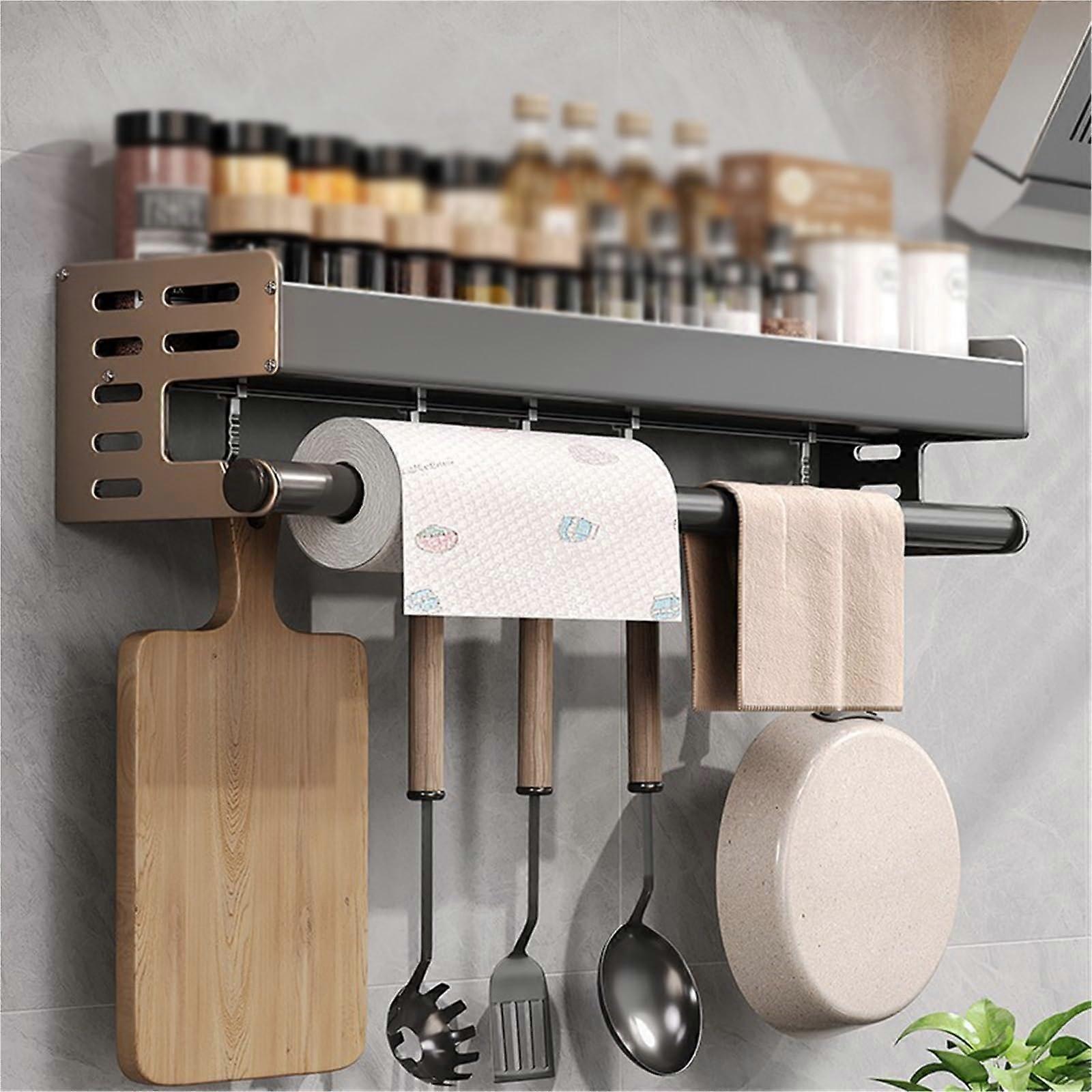 Wall Mounted Spice Rack 40cm Gray NoDrill Kitchen Storage Organizer with Hooks Waterproof