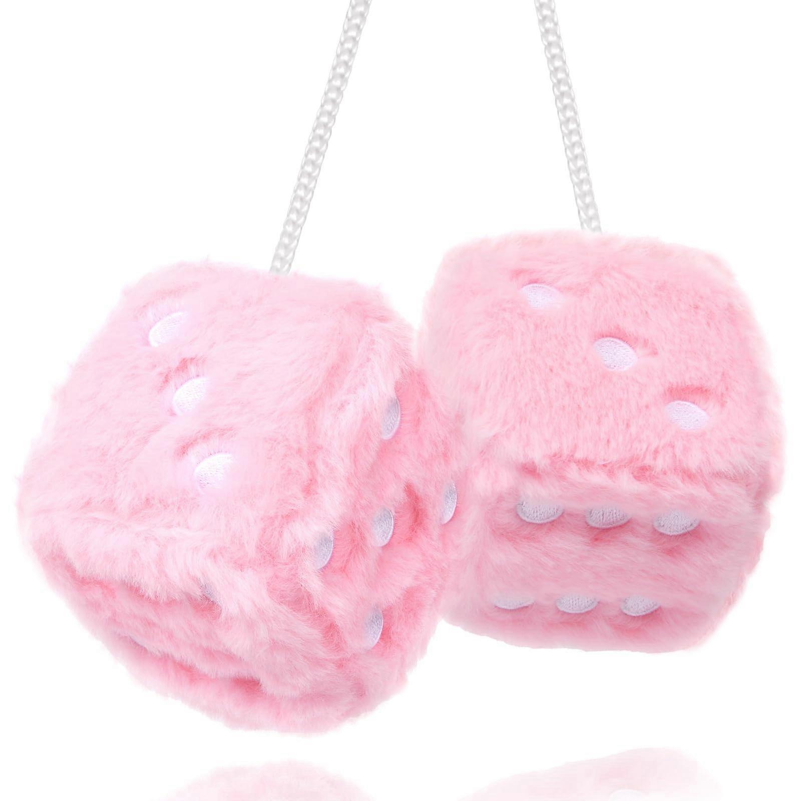 Pink Fuzzy Dice for Rearview Mirror Retro Plush Car Ornament with Suction Cup, 7cm Soft Pair