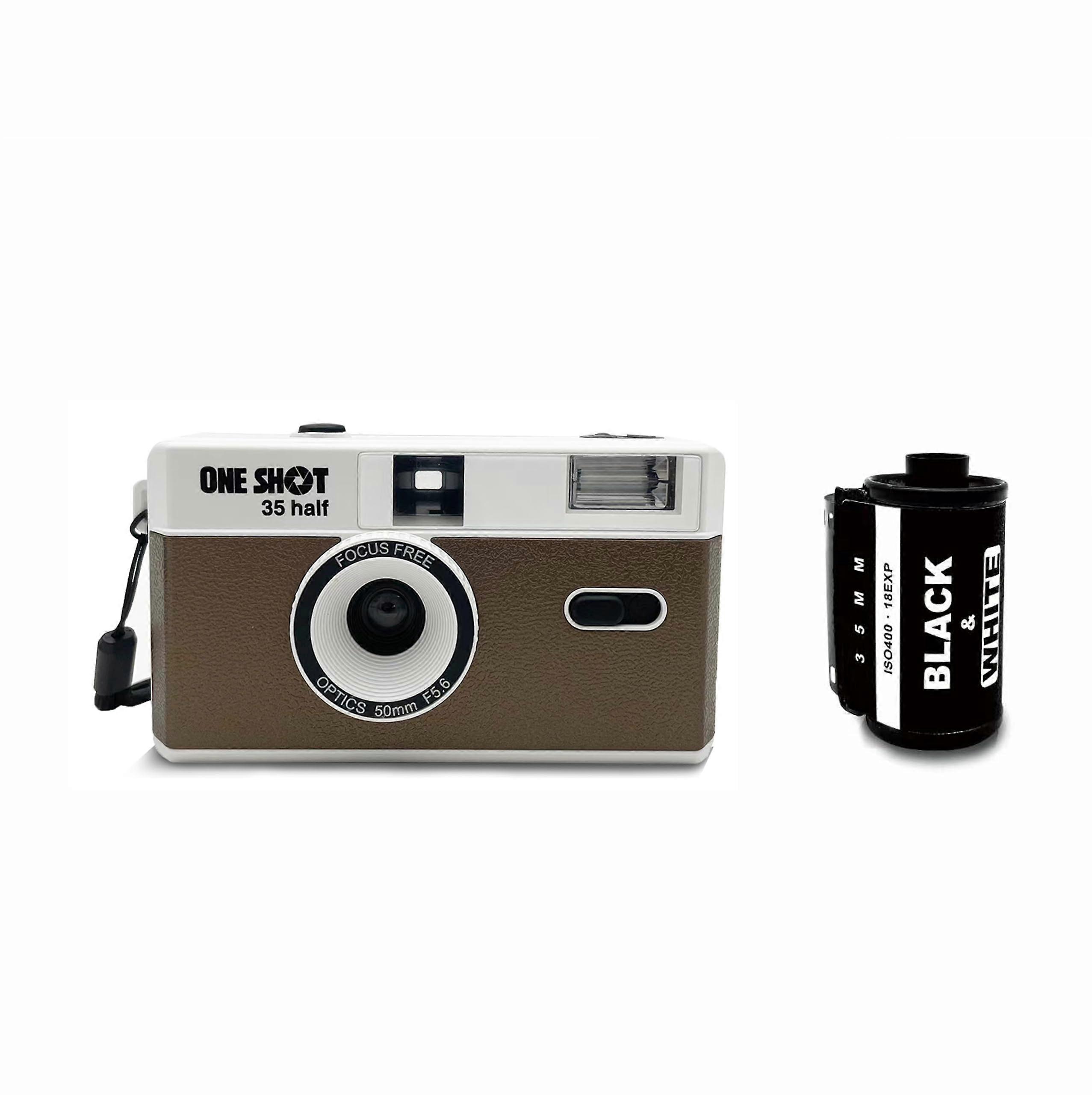 Reusable Half Frame 35mm Point and Shoot Film Camera with Flash and Black and White Film Brown
