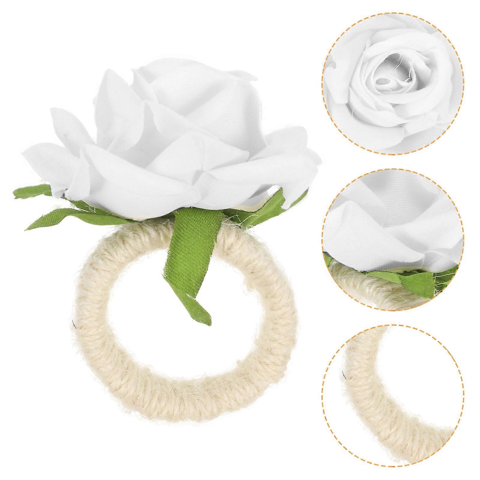 Artificial Rose Napkin Rings for Dining Table 4Pcs White Flower Holders
