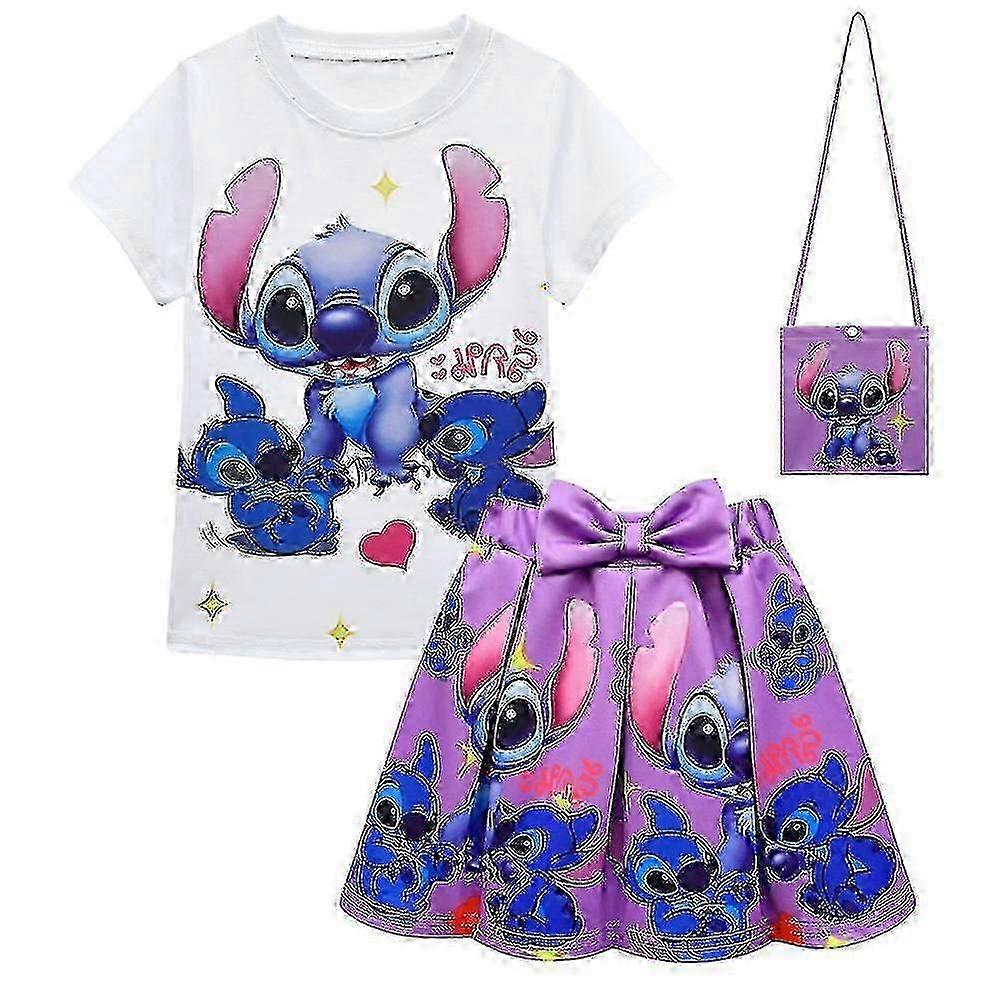 26-27 Kids Girls Lilo and Stitch T-Shirt+Pleated Skirts+Bags Outfit Set Party Dress SHJ