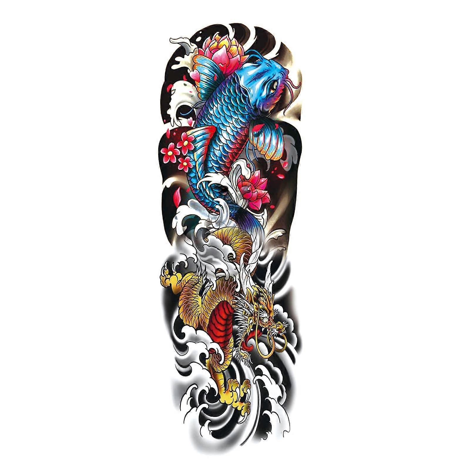 Temporary Sleeve Tattoos Extra Large Waterproof Full Arm Coverage Dragon Lotus Carp Fish Design