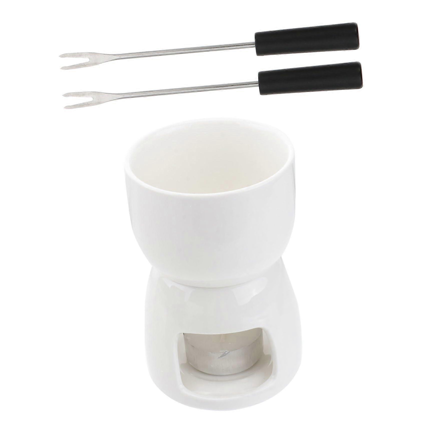 Fondue Pot Ceramic with Tea Light Warmer for Chocolate and Cheese Melting Includes Two Forks