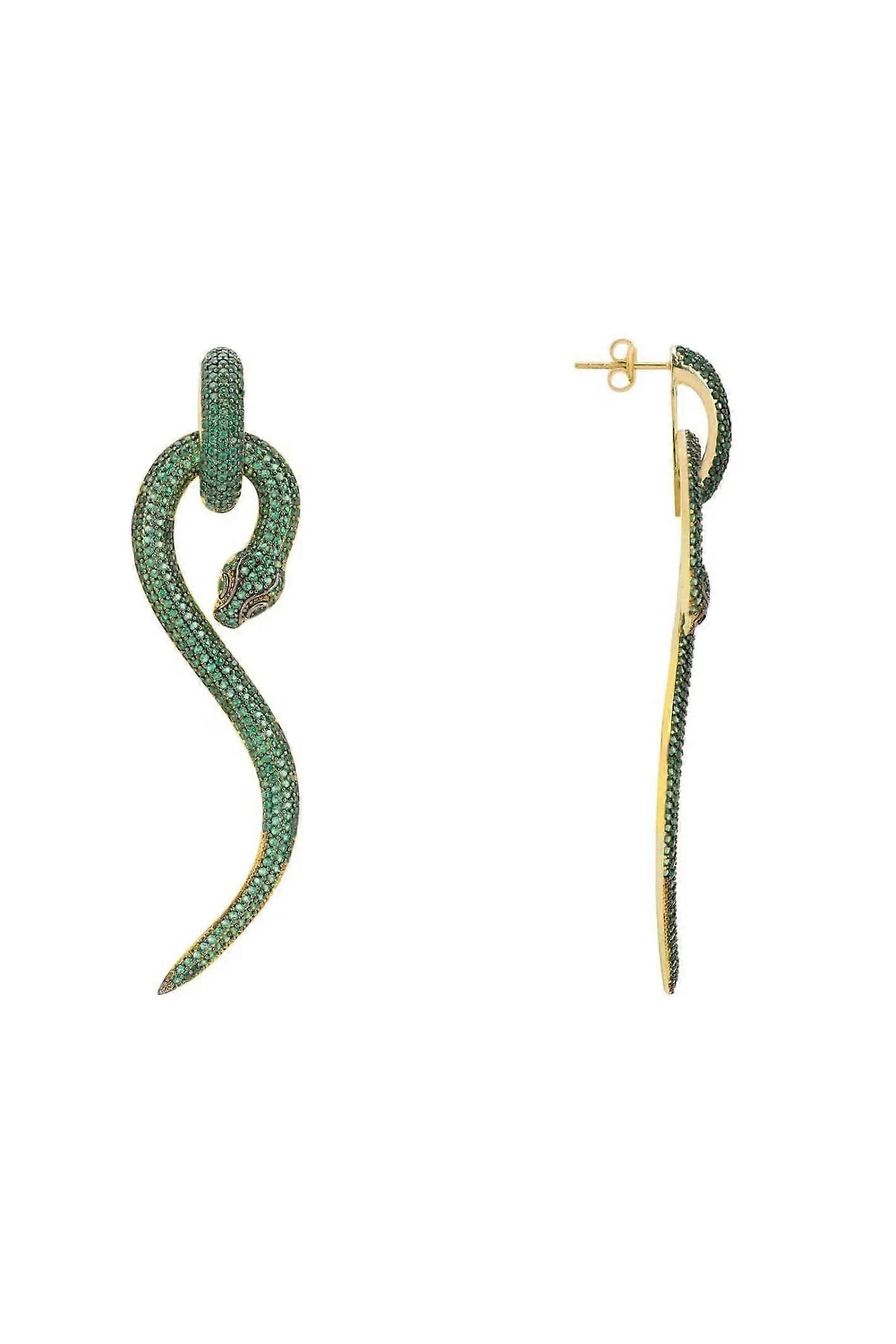 Latelita Sterling Silver Snake Drop Earrings with 22ct Gold Plating and Emerald Cubic Zirconia - 7.4cm x 2.0cm for Women
