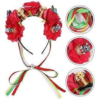 Skull Headband Rose Flower Hair Clasp for Decoration Simulation Red Cloth