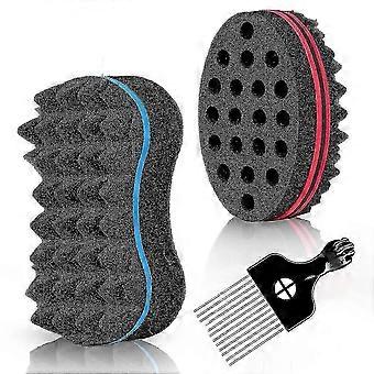 3-Piece Hair Sponge Set, Double-Sided Curl Brush and Metal Afro Pick, Twist Sponge for Defined Curls and Waves, Skin-Friendly Material for Men Women
