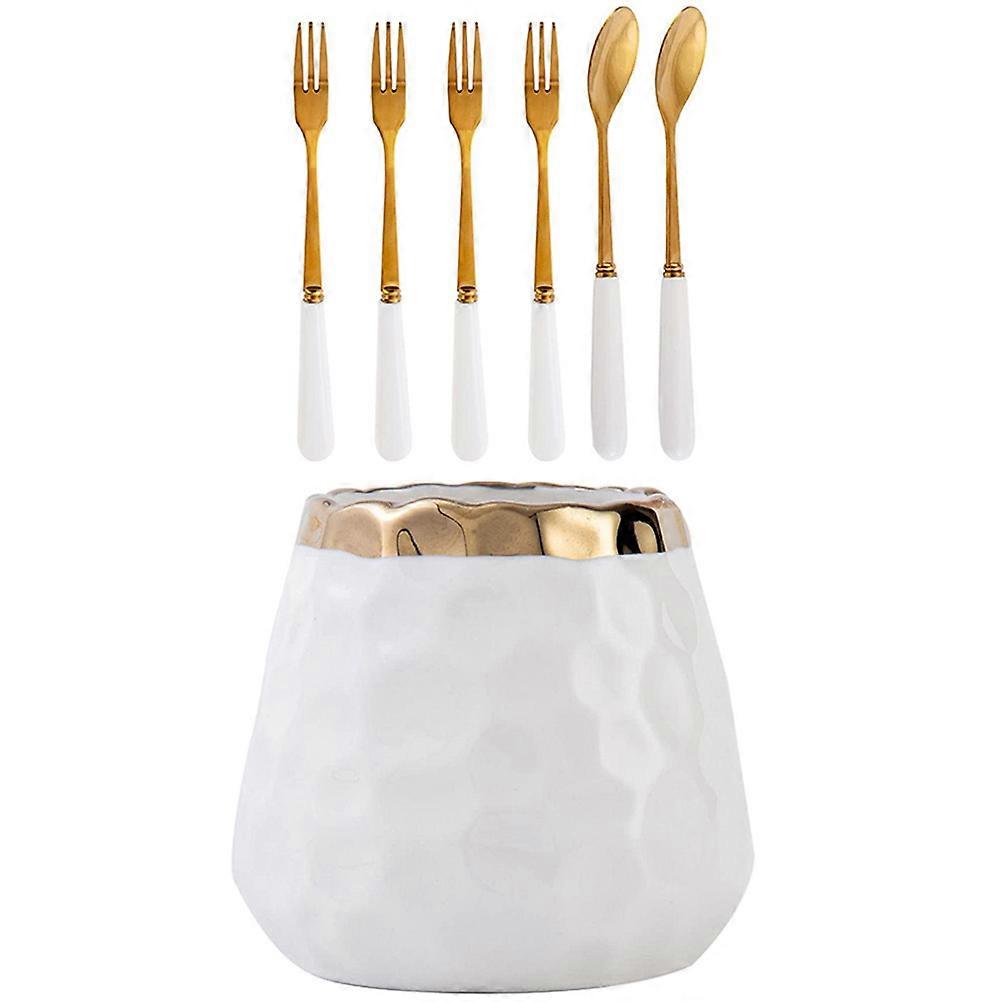 Kitchen Essentials Dessert Fork Spoon with Ceramic Storage Jar 4Sets White