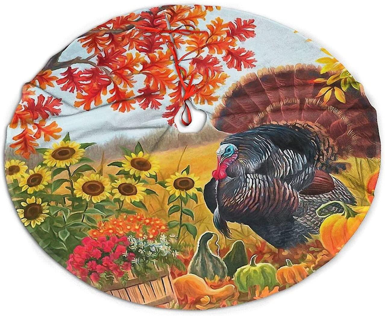 Christmas Tree Skirt 48 Inches Thanksgiving Turkey Pumpkins Tree Mat