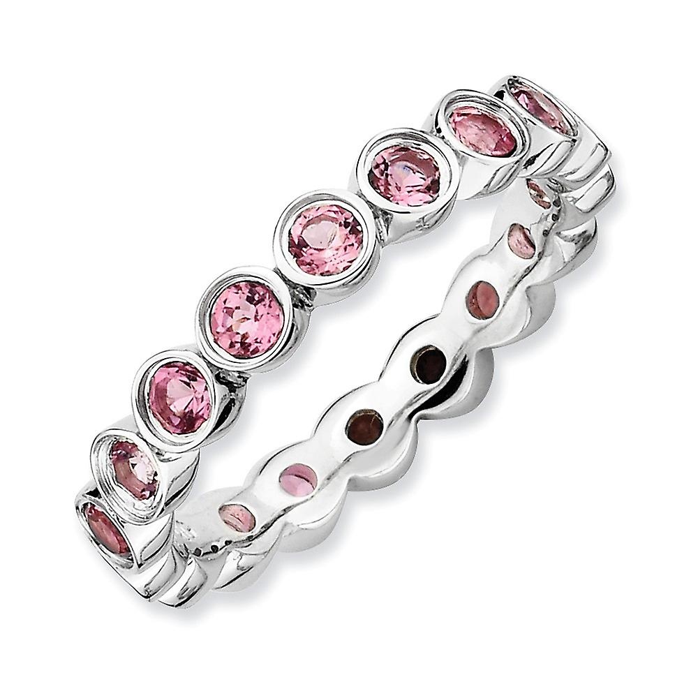 925 Sterling Silver Bezel Polished Patterned Stackable Pink Tourmaline Ring-Stackable-Ring for Women - Ring Size: 5 to 1