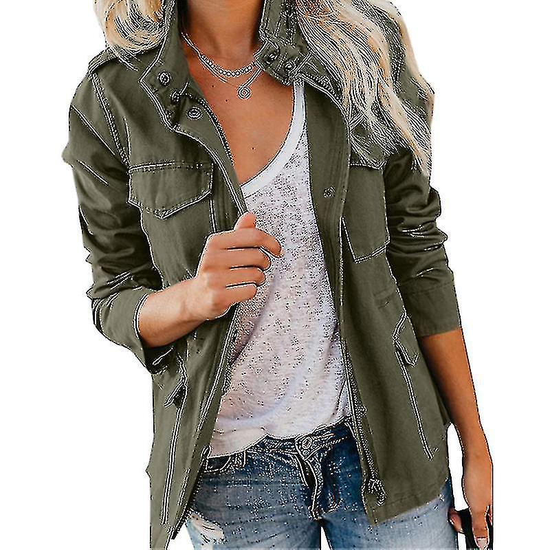 Ladies Snap Buttons Military Jacket Streetwear Fall Coat Long Sleeve Utility Jackets