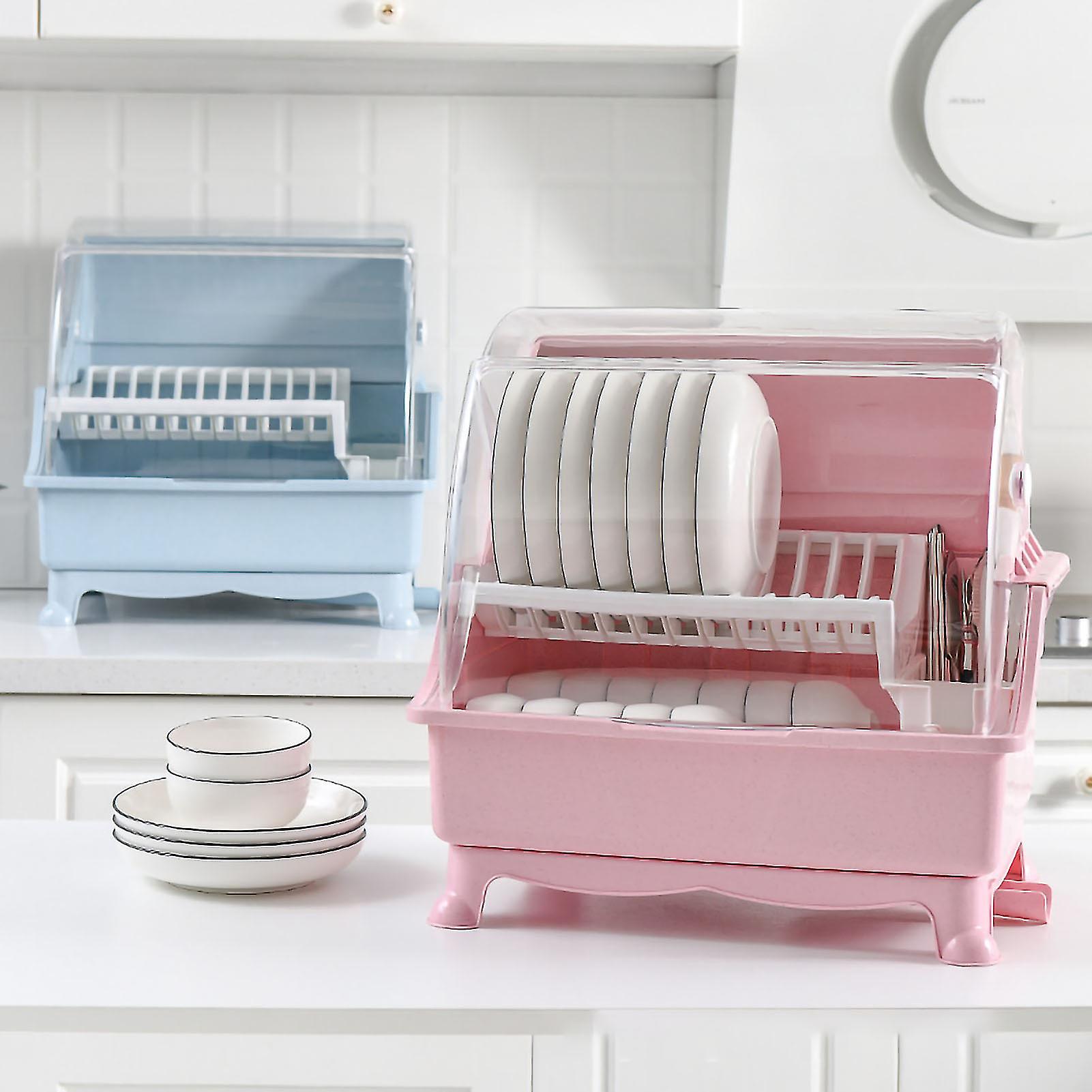 Cutlery Dish Drainer Rack with Lid Cover Multifunctional Kitchen Tableware Storage Box Pink 