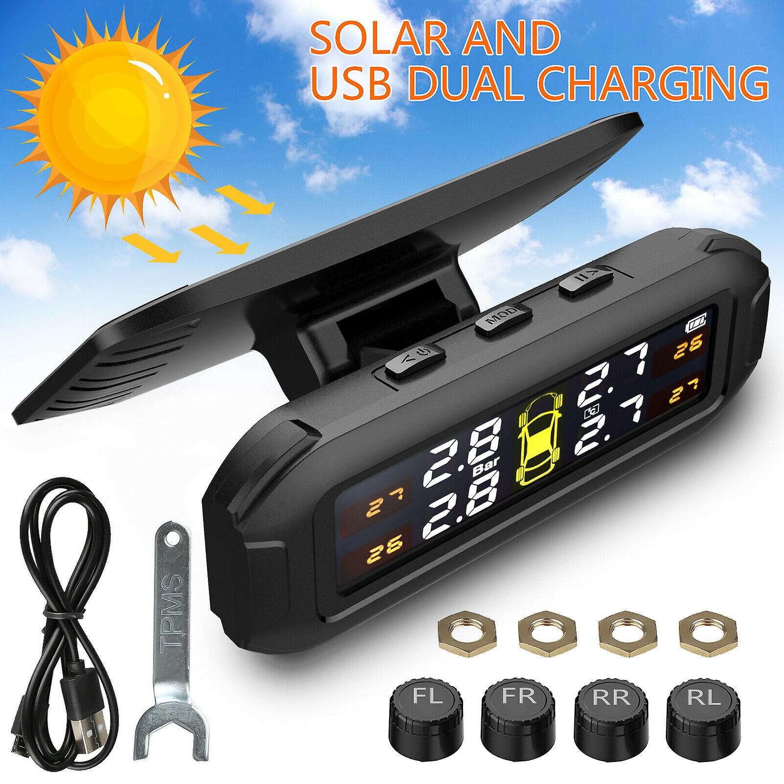 Wireless Solar TPMS LCD Car Tire Pressure Monitoring System 4 External Sensors