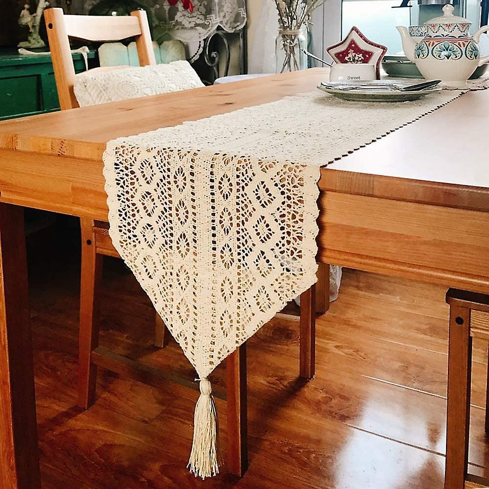 Runner Da Tavola Matches21 Bianco Con Bordo All'Uncinetto | 40x90 Cm Stile Rustico - 5