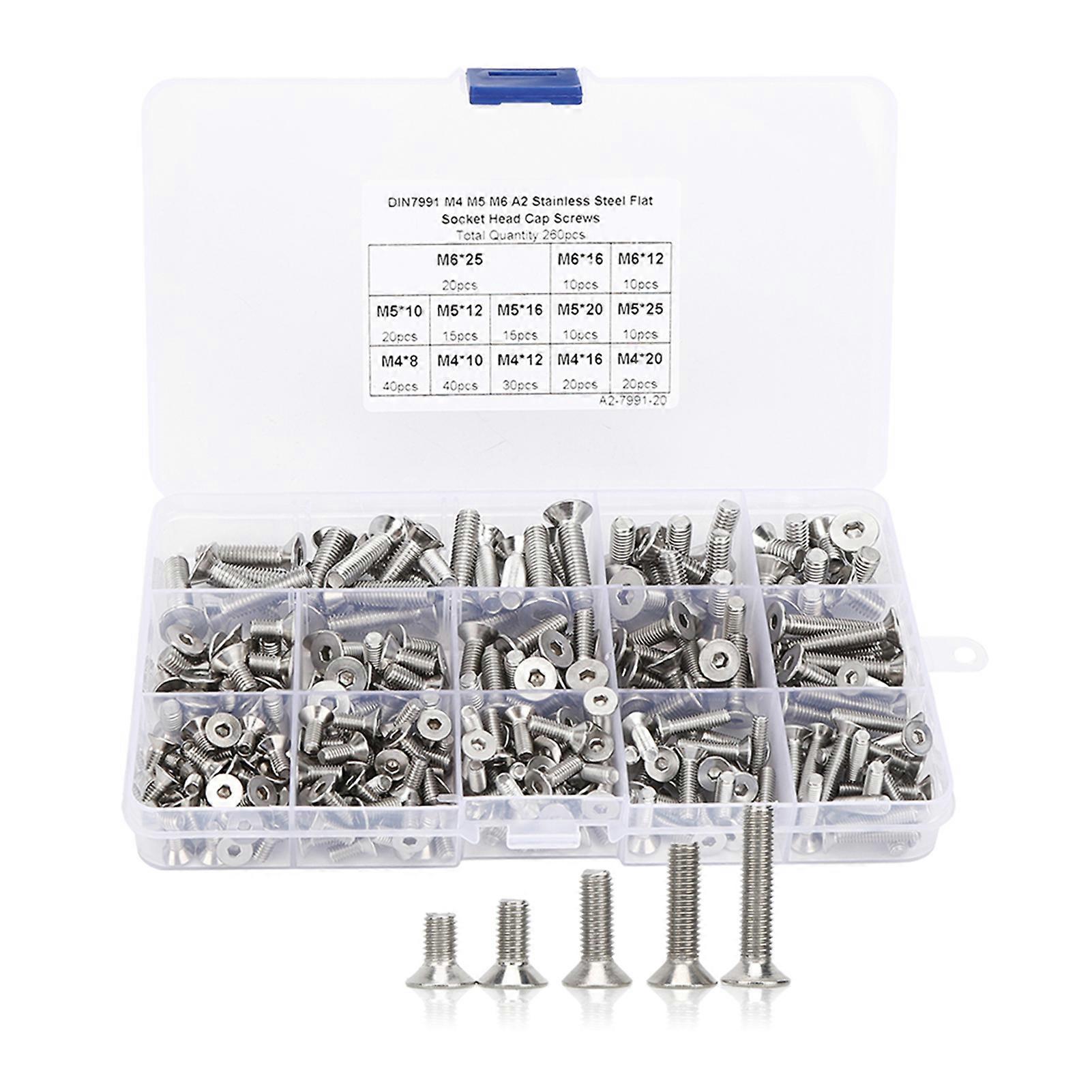 260pcs Flat Screw Set M4/m5/m6 Hex Socket Stainless Steel 304 For Electronics Industry