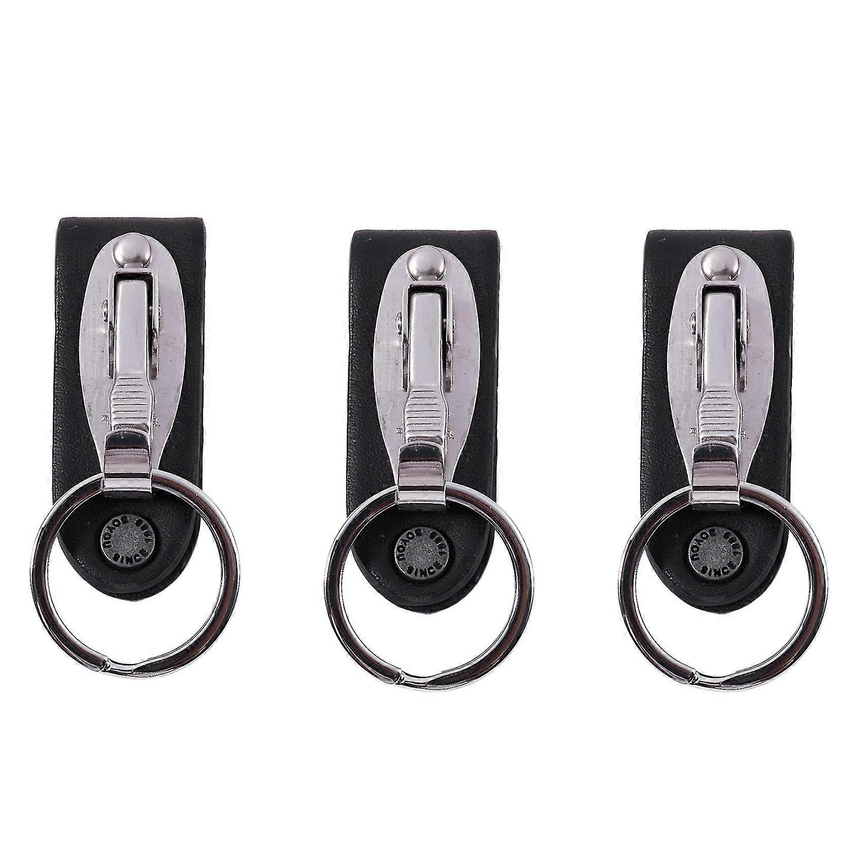 3x Stainless Steel Keyring Design Faux Leather Belt Loop Key Chain