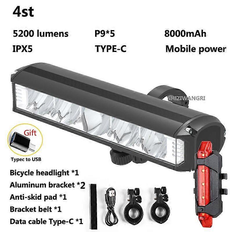 8000mah 5 Led 5*p90 Bike Light Front Waterproof Led Flashlight Bicycle Light Rechargeable 5200lm Headlight Bicycle Accessories - Bicycle Lights