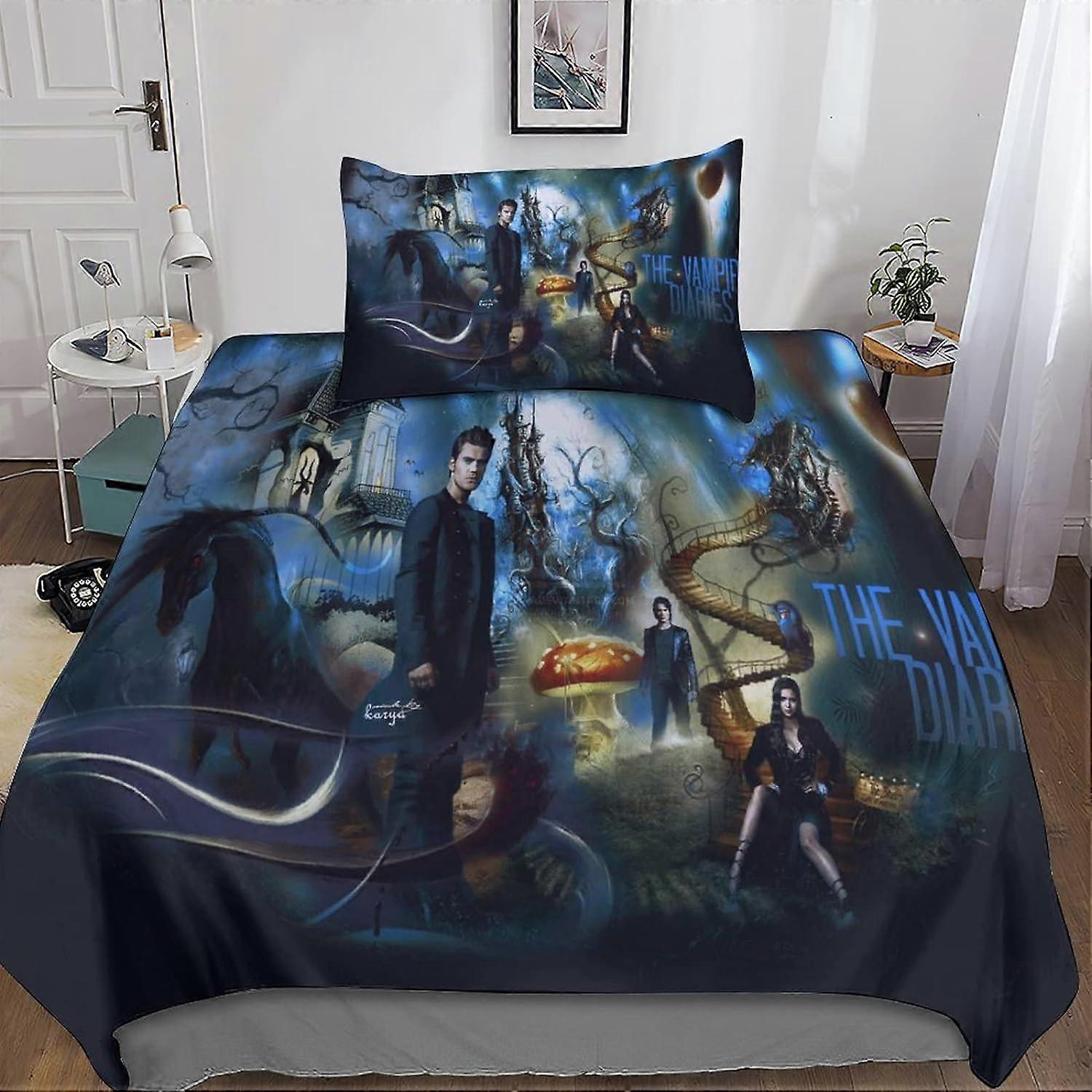 The Vampire Diaries 2 Piece Duvet Cover, 3D Bedding Set with Zipper Microfiber Bedding Set with Pillowcase for Adults and Children Single