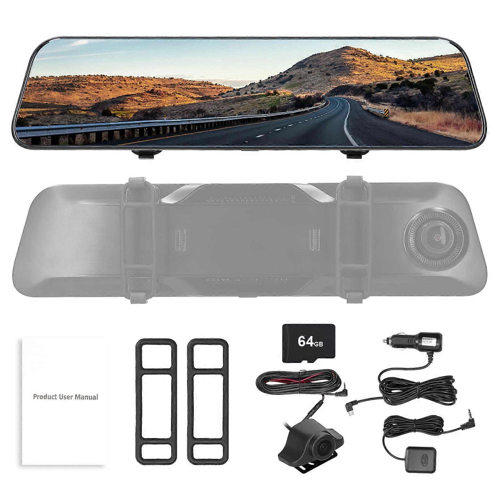12 Inch 4K Mirror Dash Camera Full Touchscreen Stream Media Dash Cam Front & Rear Dual Camera Built-in WiFi with GPS and 64G Memory Card Support Night