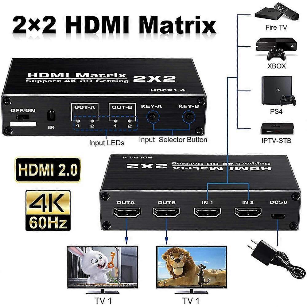 4K HDMI Matrix Switcher 2x2 1080P 3D HDMI Matrix 2 in 2 out HDMI Switch Splitter Video Matrix Adapter für PS4 / PS3 PC Laptop TV