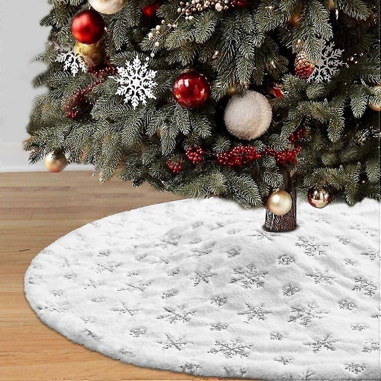 Christmas Tree Skirt, 36 Inches White&silver Luxury Faux Fur Tree Skirt With Snowflakes Super Soft Thick Plush Tree Skirt For Xmas Tree Decoration (si