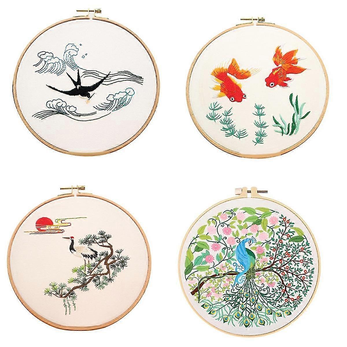 4 Sets Diy Embroidery Kit For Beginners Adults, Hand Embroidery Kit Includes Bird, Hoop, Color Threads, Tools