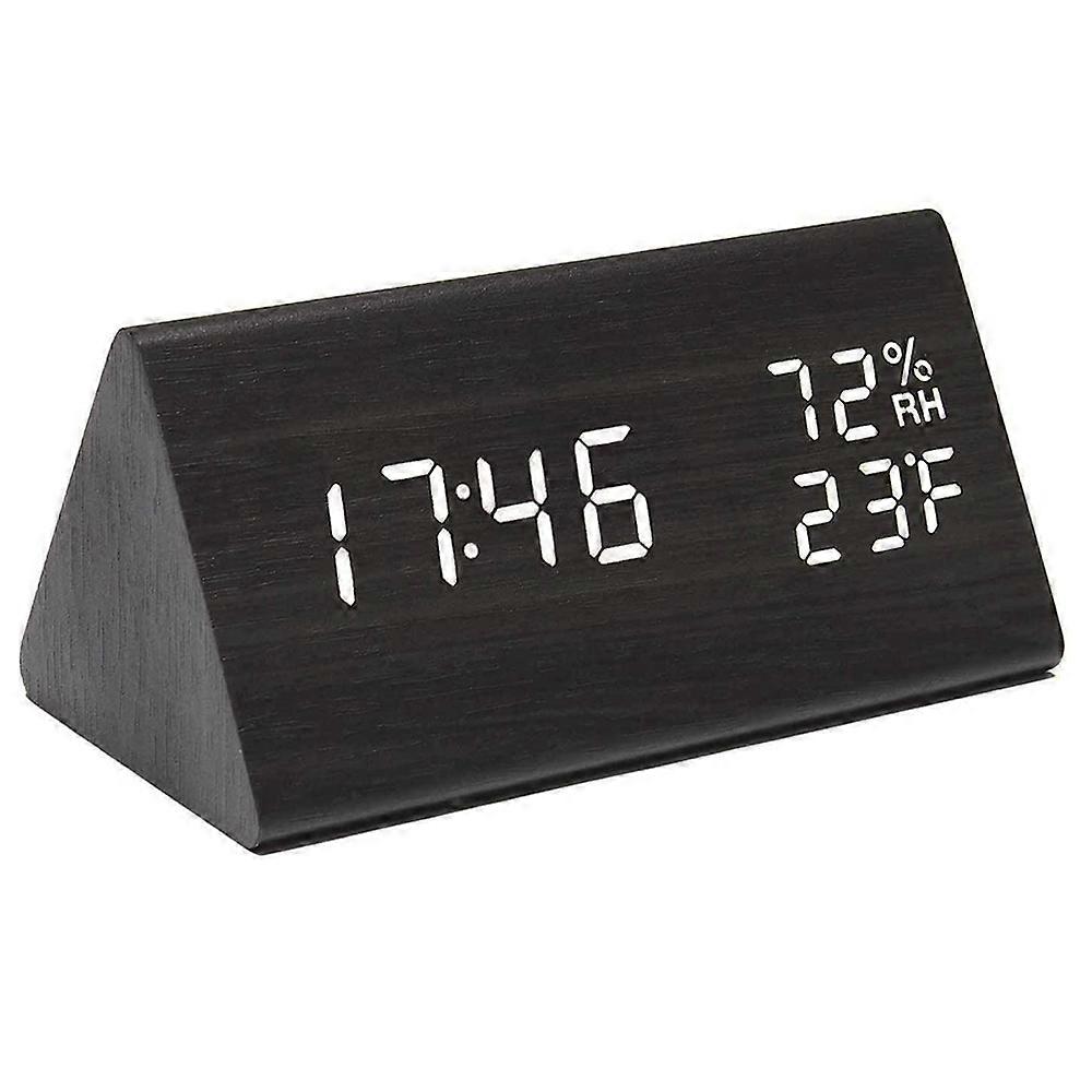 Digital Wooden Alarm Clock, with 3 Alarm Settings, Electronic LED Time Display, 3 Level Brightness & Temperature, Good for Bedroom-Black white