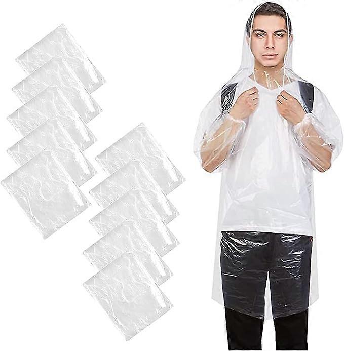 Pack of 10 Disposable Rain Poncho with Drawstring Hood and Elastic Cuff, Transparent Waterproof Rain Poncho Unisex Portable for Travel, Camping, Stadi