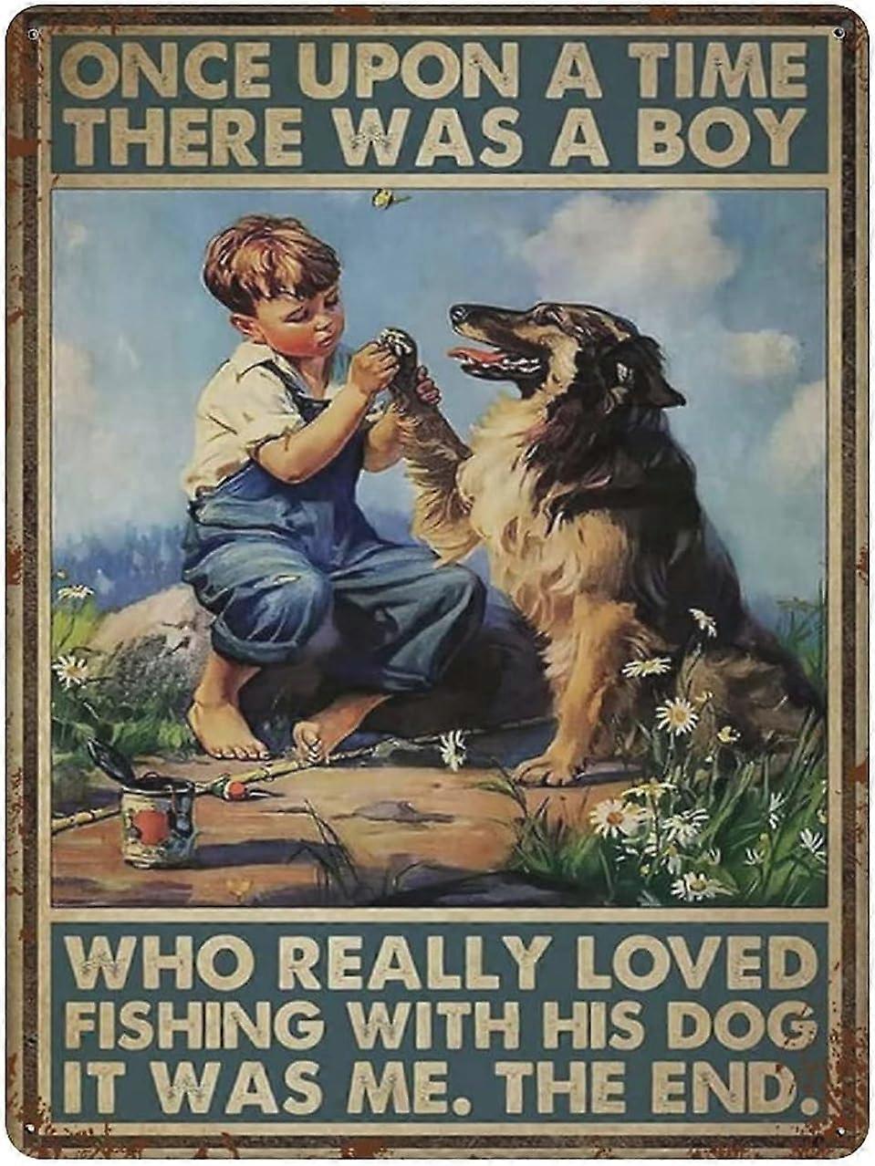 LINCMAN Boy Loved Fishing with His Dog Tin Sign Metal Plaque Art Hanging Iron Painting Retro Home Ki