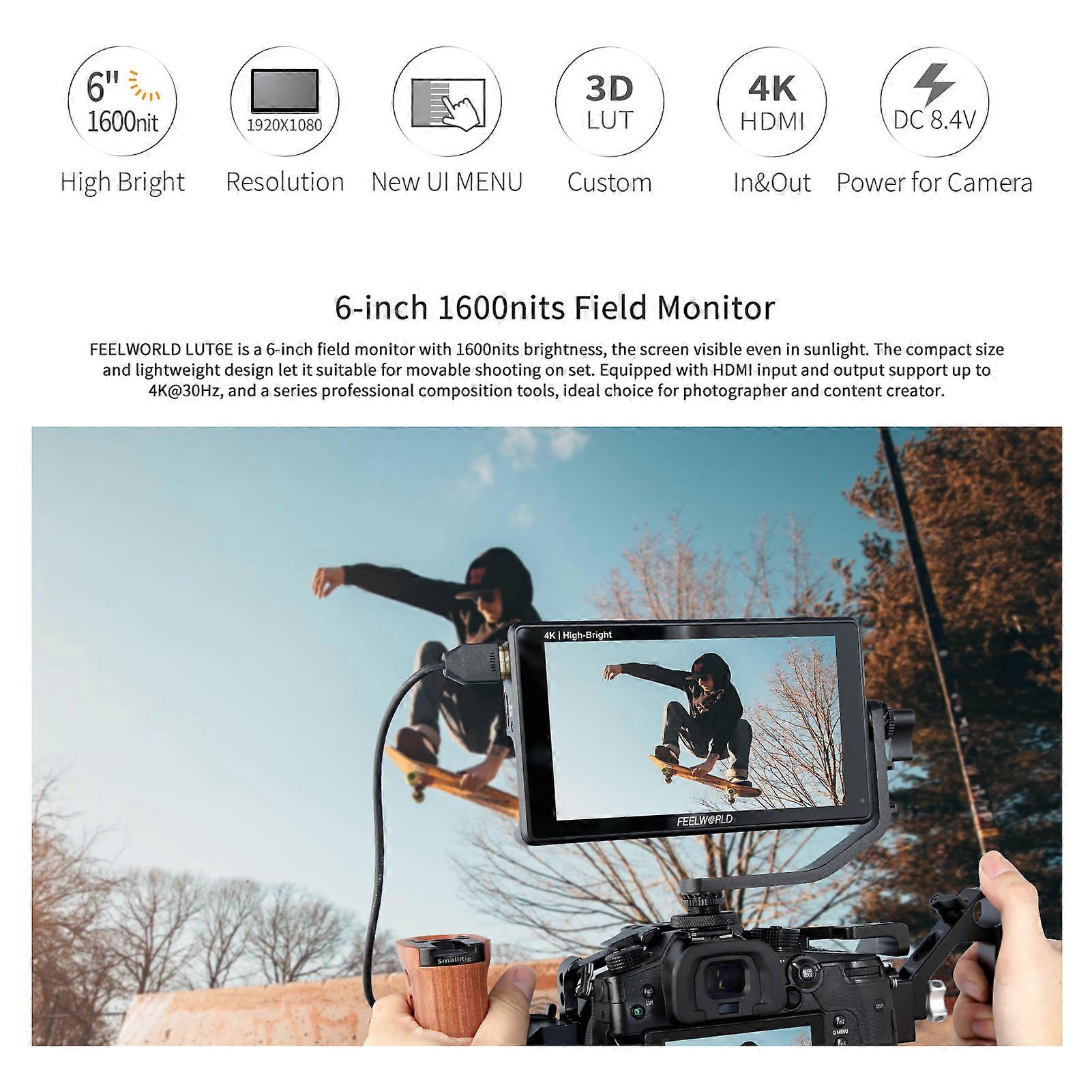 FEELWORLD LUT6E 6-Inch IPS Monitor 1600nit Video Panel 4K HDMI Input Output 1920*1080px Touch Control with 2 1/4in Thread Holes