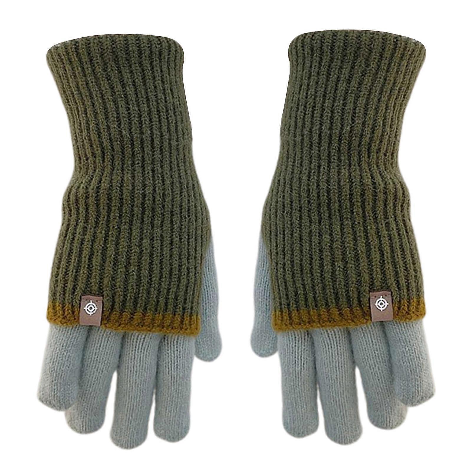 1 Pair Women Winter Gloves Thickened Colorblock Knitted Five Fingers Touch Screen Unisex Anti-slip Cold Weather Driving Golfing Skiing Skating Gloves