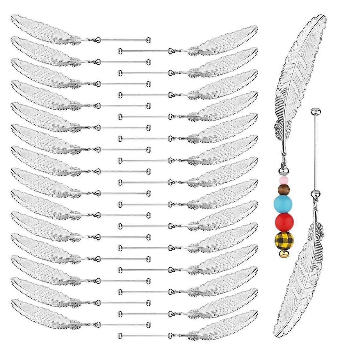 30pc DIY Beadable Bookmarks,Blank Bar with FeatherPendant Beaded Page Holder Book Mark CraftMaking