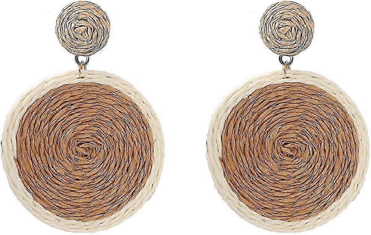 Bohemian Woven Straw Wicker Raffia Rattan Dangle Earrings Geometric Circle Round Drop Earrings
