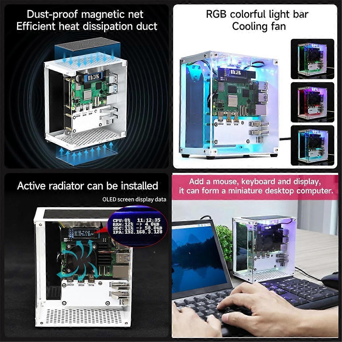 For 5 Case, Micro-type Desktop Case with Active Cooler, PWM Fan, RGB Lighting Bar, Mini Tower PC Ca