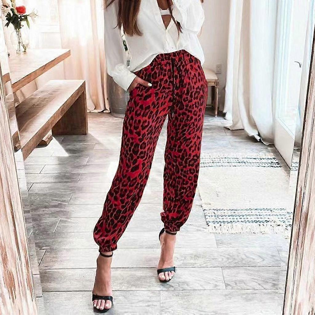 Women's Casual Leopard Print Elastic Waist Drawstring Beam Long Pants Trousers