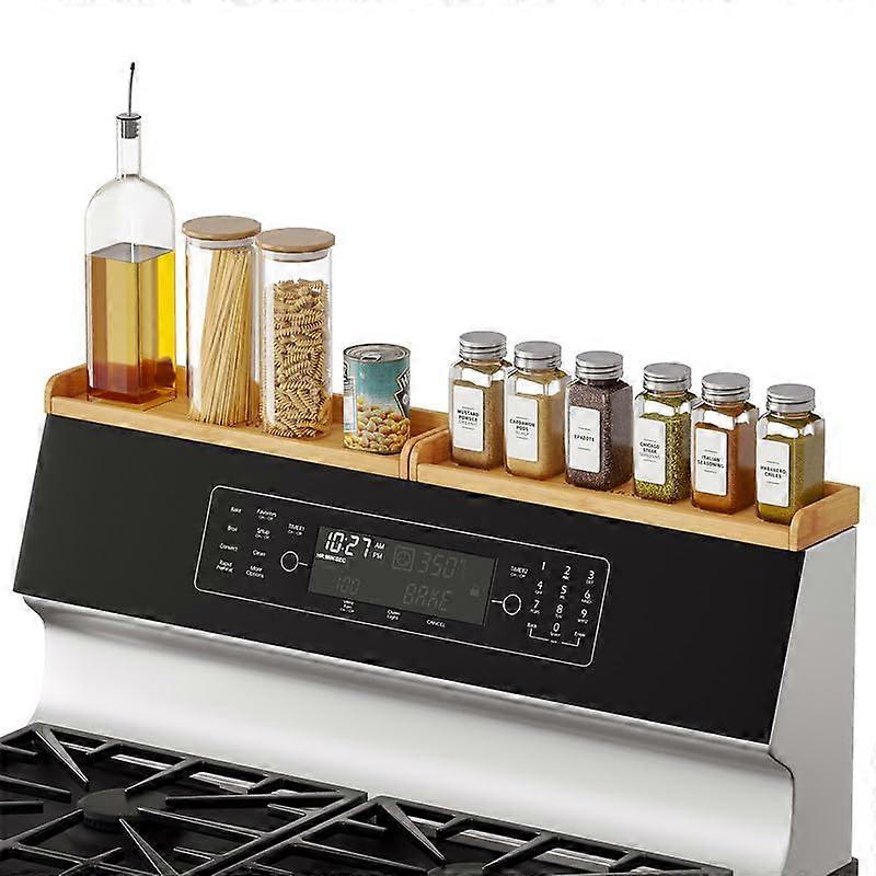 Magnetic Bamboo Kitchen Shelf Organizer 30" Wide for Stove Storage with Adjustable Hooks and Dual Tier Design