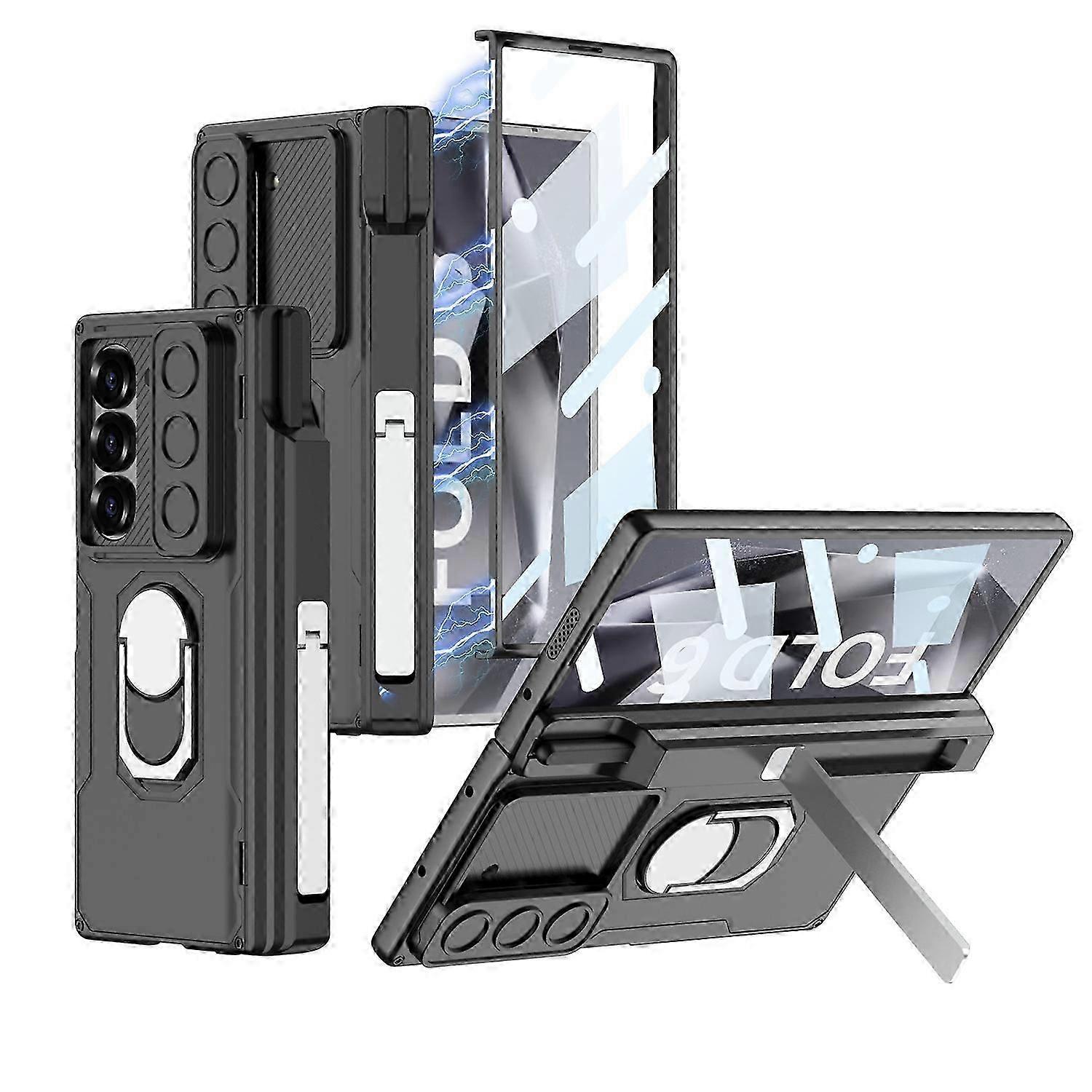 unique Hinge Protection Heavy Duty Phone Case for Samsung Galaxy Z Fold 6 with Ring Magnetic Stand Built-in Screen Protector & S Pen Holder