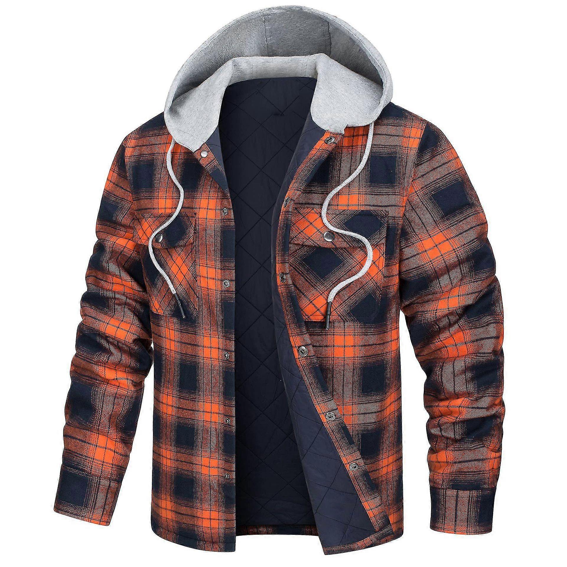 Herren Winter-Hemdjacke mit Steppfutter und Kapuze, dicker karierter Flanellmantel mit Taschen