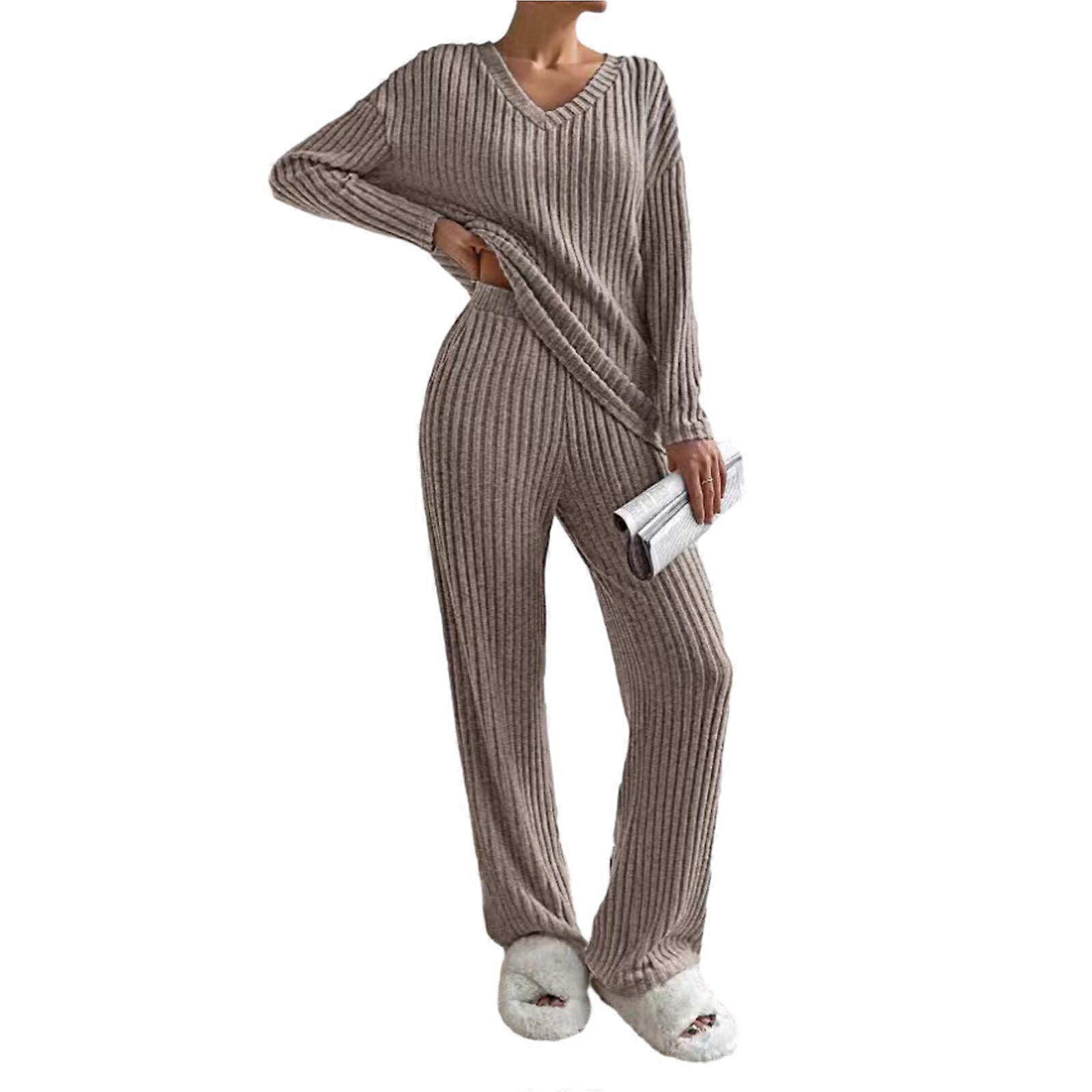 Women Two Piece Lounge Set Long Sleeve Ribbed Knit Pullover Top