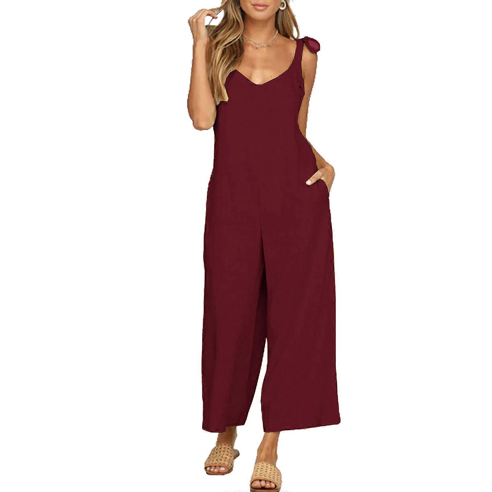 Womens Casual Sleeveless Jumpsuit Backless One Piece Pants Wide Leg Rompers with Pockets Summer Streetwear Overalls Burgundy L