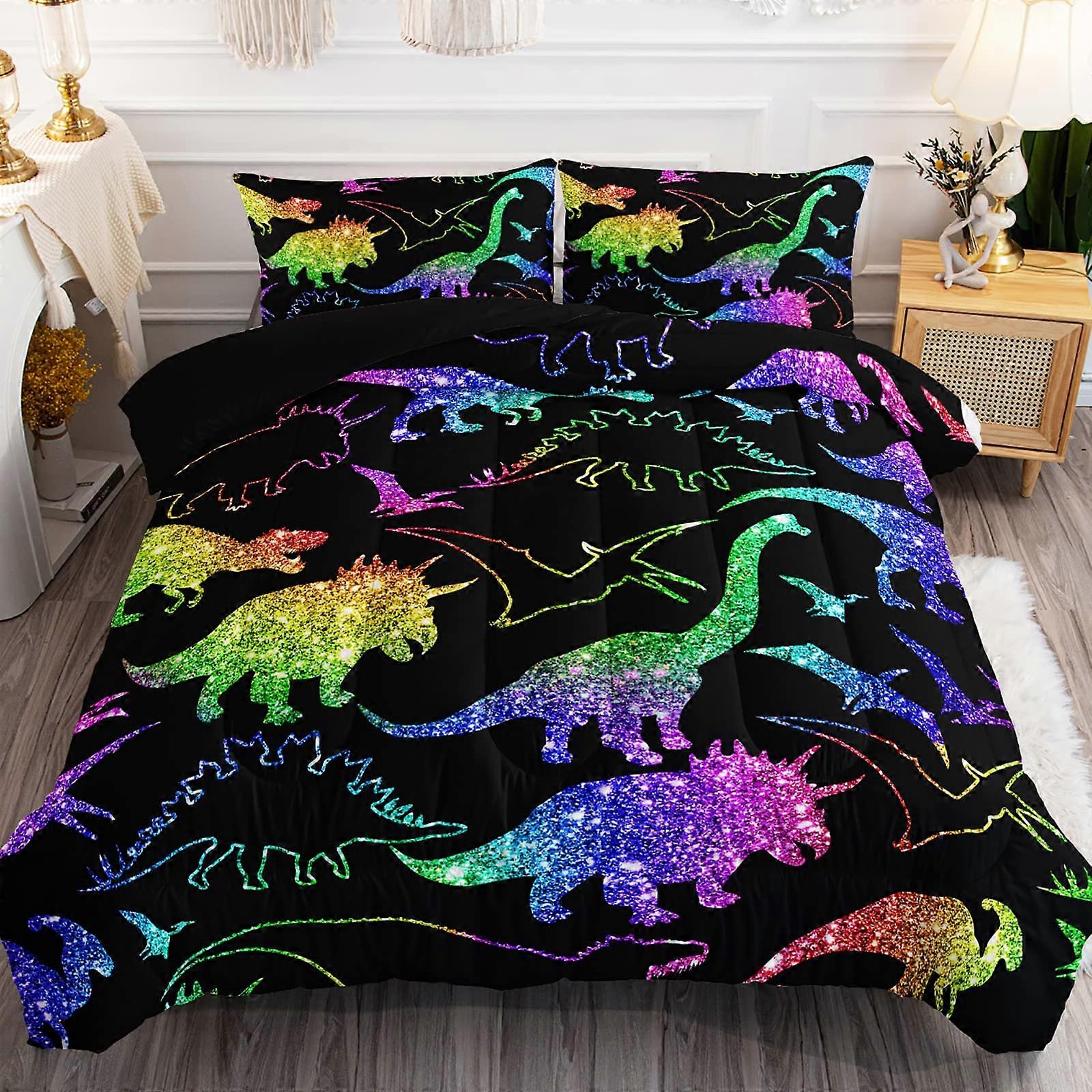 Rainbow Dinosaur Colorful Dino Comforter Set for Kids Bedding Queen Size