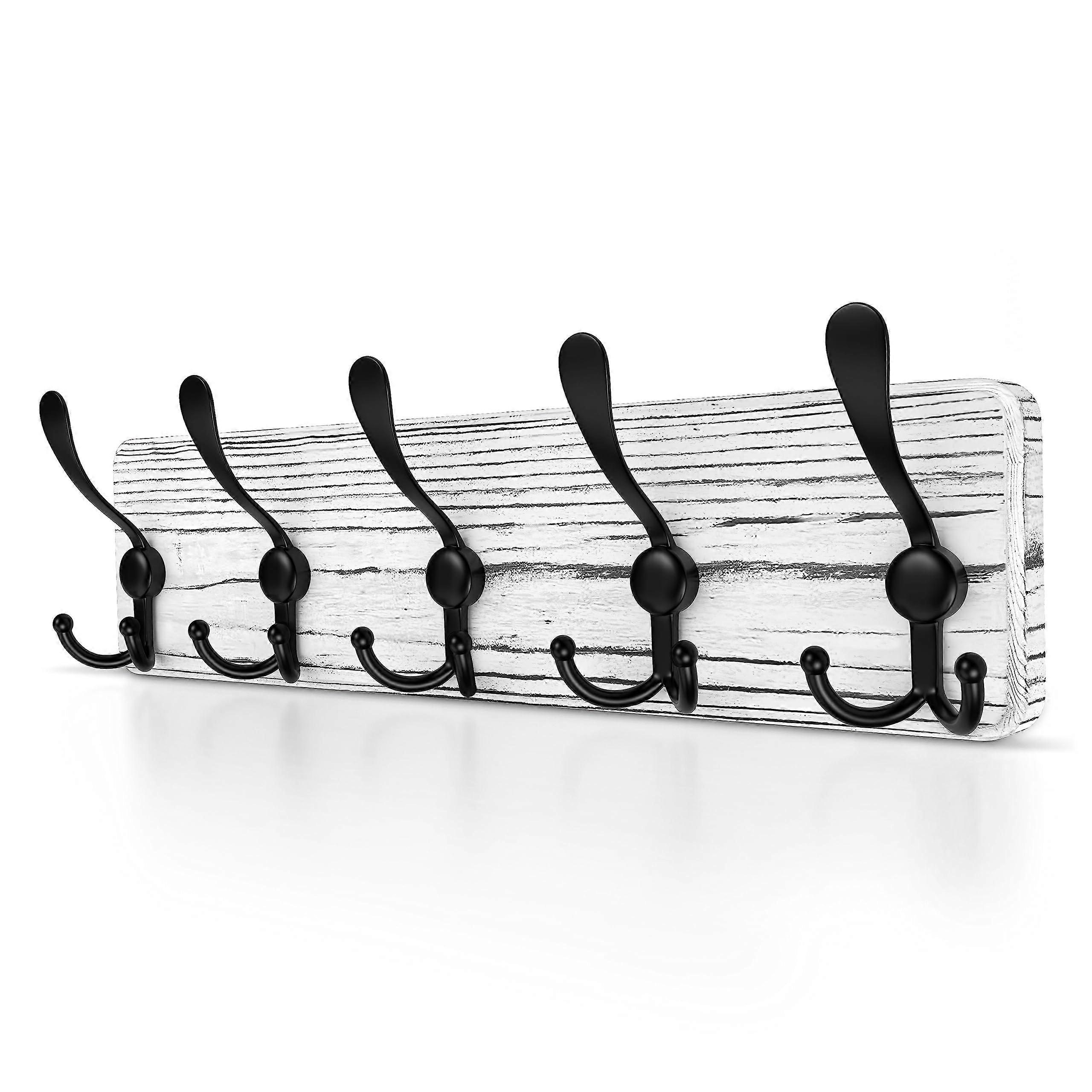 Rustic Coat Rack Wall Mount, 16' Hole to Hole Solid Pine White Wood Wall Rack with 5 Hooks