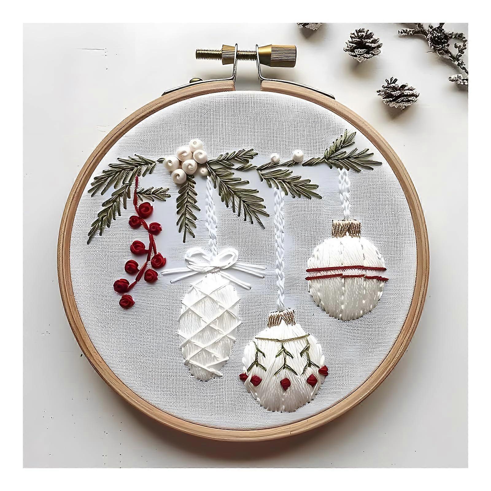 Christmas Gnomes Embroidery Kit for Beginners with Pattern, Threads, Needles, 20cm Hoop Gift for Mom (HollyBauble)
