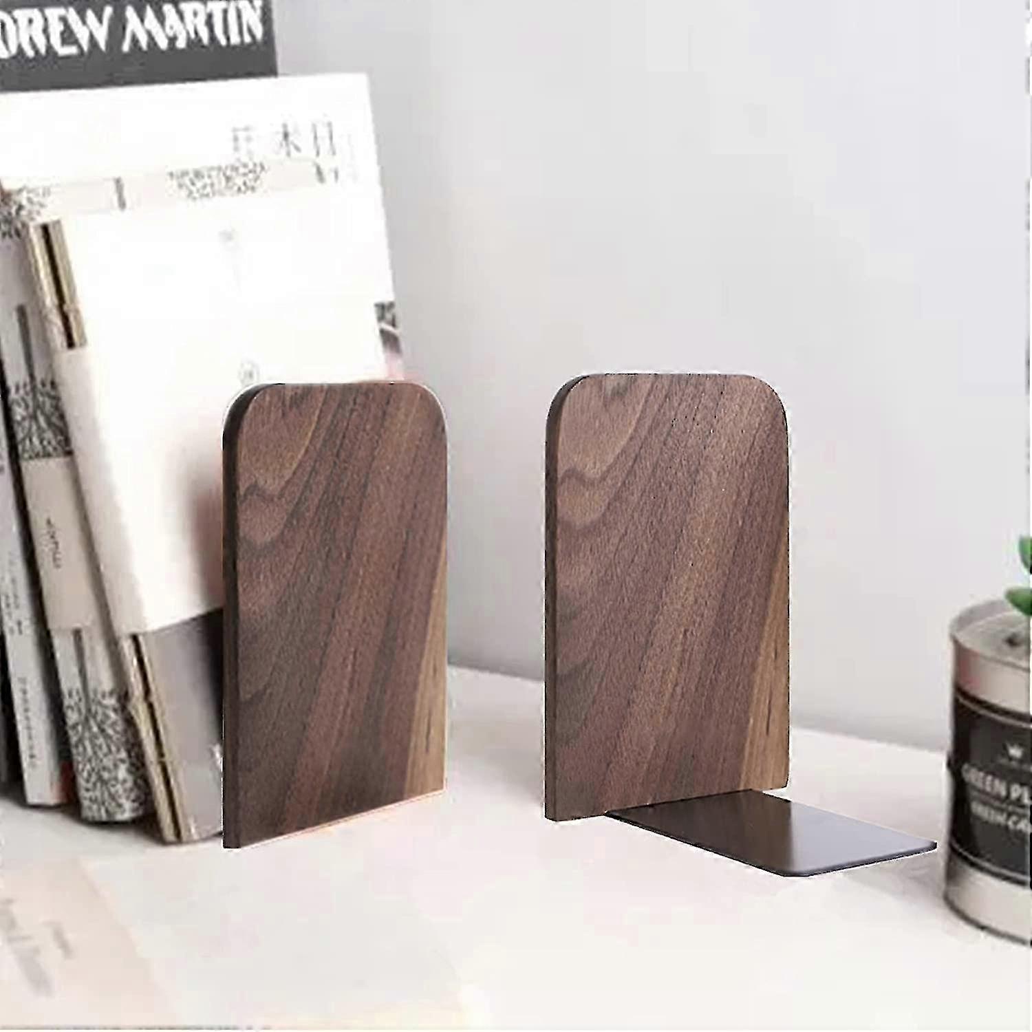 2個の木製ブックエンド、棚用の装飾ブックエンド、ホームオフィススクール用の滑り止めブラックウォールナットブックホルダー、本に最適なL字型のブックエンド、D