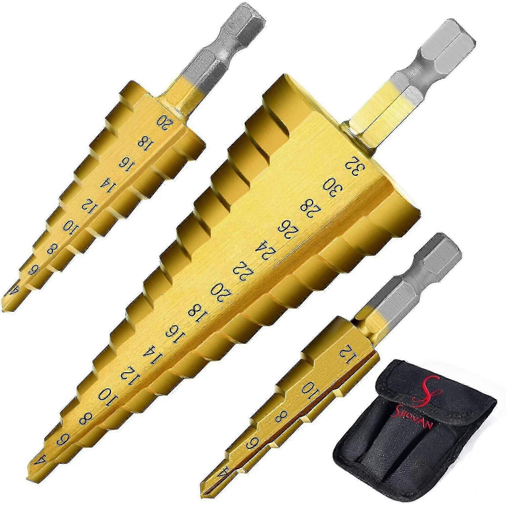 3pcs Hss Step Bits Set High Speed Steel Step Drill Bits Set(4-12mm, 4-20mm And 4-32 Mm) Cone Drill Bit Hole Cutter