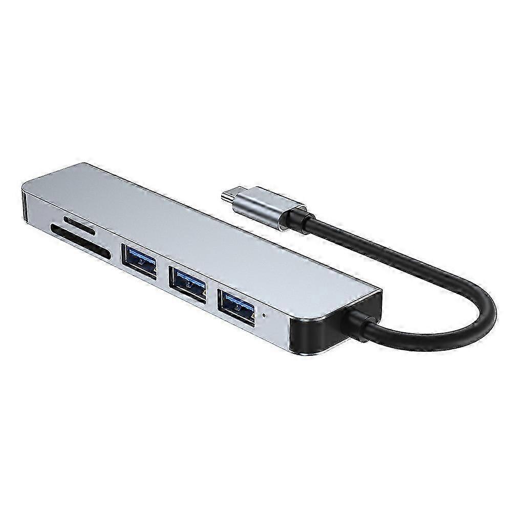 6-Port USB Hub with Video Converter for Laptop, Compact Grey Design