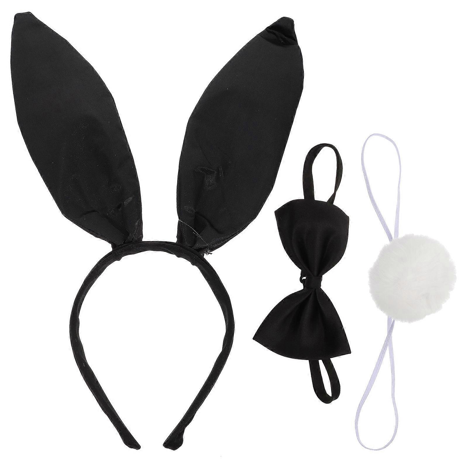 Rabbit Ear Headband Costume Set with Bow Tie and Tail – Durable Cosplay Accessory for Halloween and Carnival – Comfortable Elastic Headwear for Adults