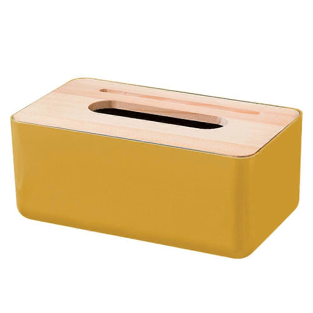 Tissue Box Holder Cover Case Wooden Paper Towel Storage Container Yellow 23x13x10cm for Home Office Hotel 1Set
