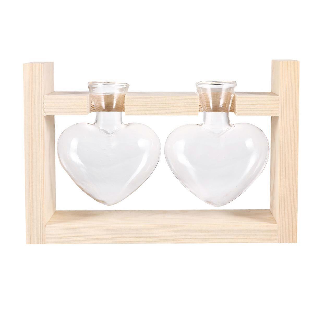 Glass Vase for Home Decoration Heart Shaped Plant Container with Wooden Rack Log Color 2Pcs