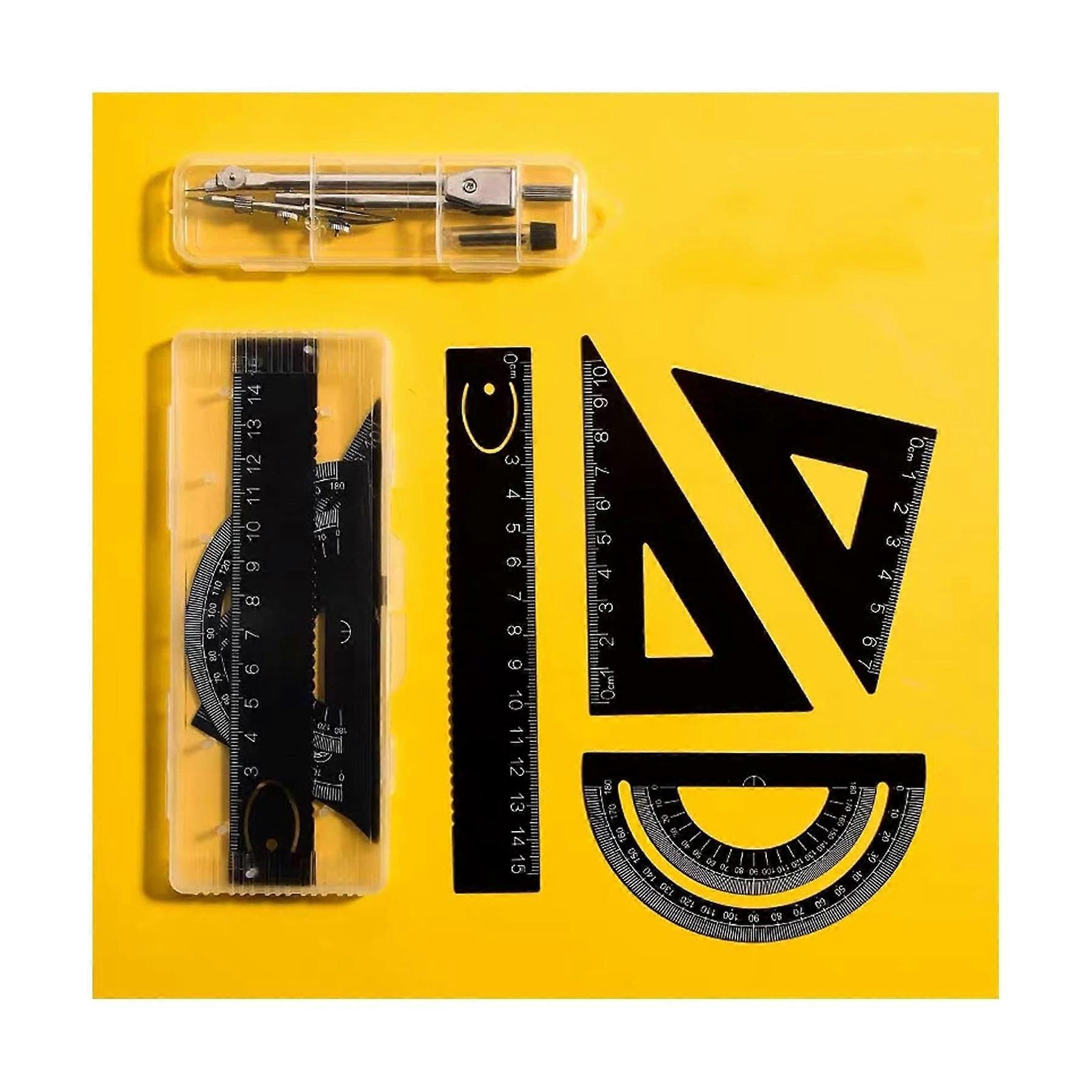 Metal Drawing Compass Set for Maths and Geometry - Includes Ruler, 2 Geo Triangles, Protractor, and Black Math Compass