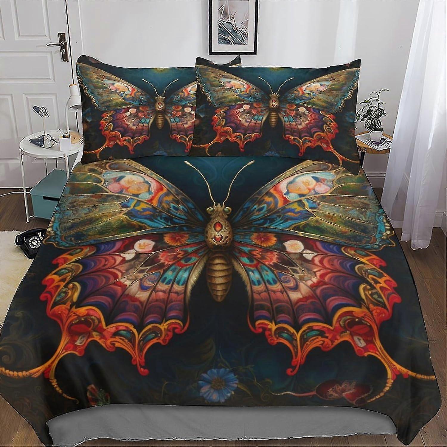 Colorful Flower Butterfly Printed Duvet Cover Set for Bedding, 3 Pieces Soft Microfiber with Pillowcases and Zipper Closure